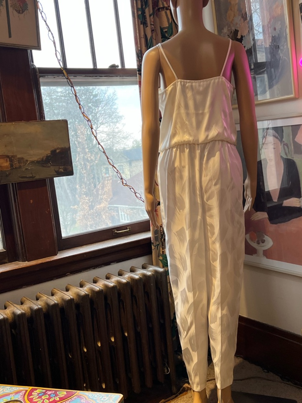 70s Disco Styling Creamy White Satin/Matte V-Neck Jumpsuit with Spaghetti Straps - Picture 13 of 14